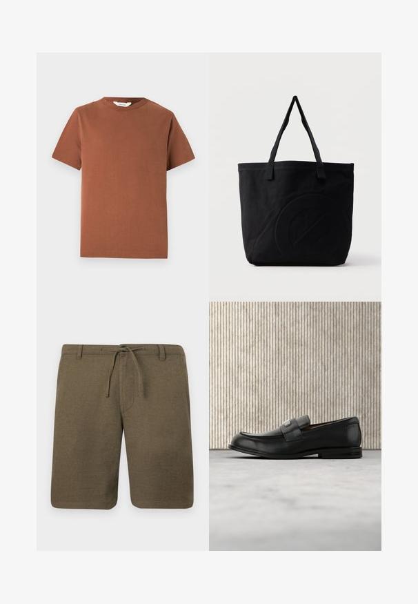 Brun kortærmet t-shirt med rund hals lavet af blød bomuld, med et enkelt design uden synlige mønstre eller dekorationer.; Olivengrønne linnedshorts med flad front, snørelukning i taljen og sidelommer; struktureret stof med en afslappet, løs pasform.; Sort læderloafer med metalbrandskilt hvilende nær et brunt rundt bord på beige tæppe.; Sort canvas-tote-taske med to skulderstropper og et diskret præget cirkeldesign på fronten.