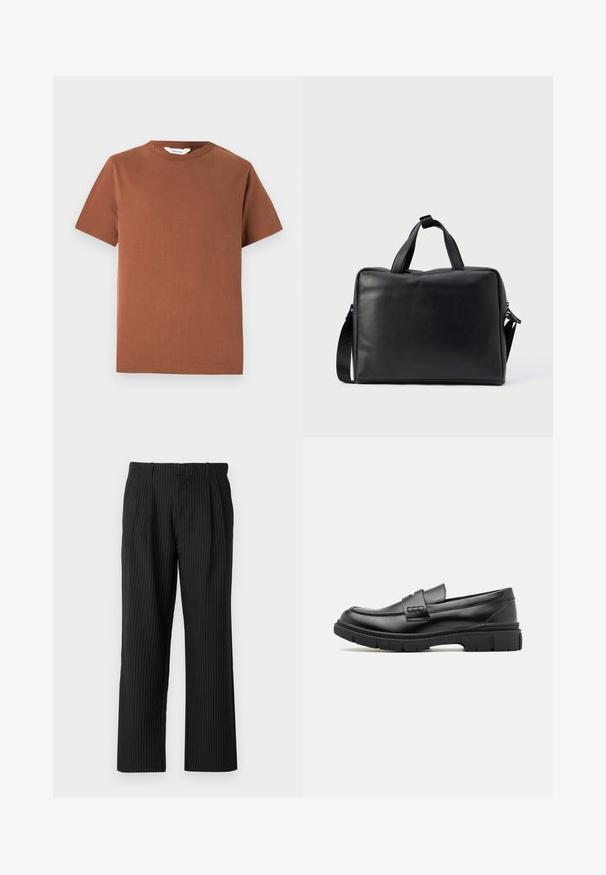 Bruine T-shirt met korte mouwen en ronde hals, gemaakt van zachte katoen. Het heeft een eenvoudig ontwerp zonder zichtbare patronen of versieringen.; Jack & Jones JPSTBILL JJDAYTONA WIDE CHINO - Chino - black; Zwarte leren instapper met een brede band over de voet, rubberen zool met dikke noppen en een gladde textuur. Klassiek, strak ontwerp.; Zwarte leren duffeltas met een rechthoekige vorm, dubbele handvatten, een afneembare schouderriem en minimale versieringen.
