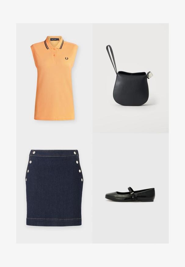 Polo orange sans manches avec deux boutons, doubles rayures noires sur le col, et petit logo couronne de laurier noire sur la poitrine.; Mini-jupe en denim bleu foncé avec six boutons-pression argentés, trois de chaque côté, et une couture visible marron clair à la taille et à l'ourlet.; Ballerines en cuir noir avec un bout arrondi, une semelle plate et une fine sangle ajustable sur le cou-de-pied avec une boucle en métal.; Pochette en cuir noir pour poignet avec base arrondie et fermoir argenté sur fond blanc uni.