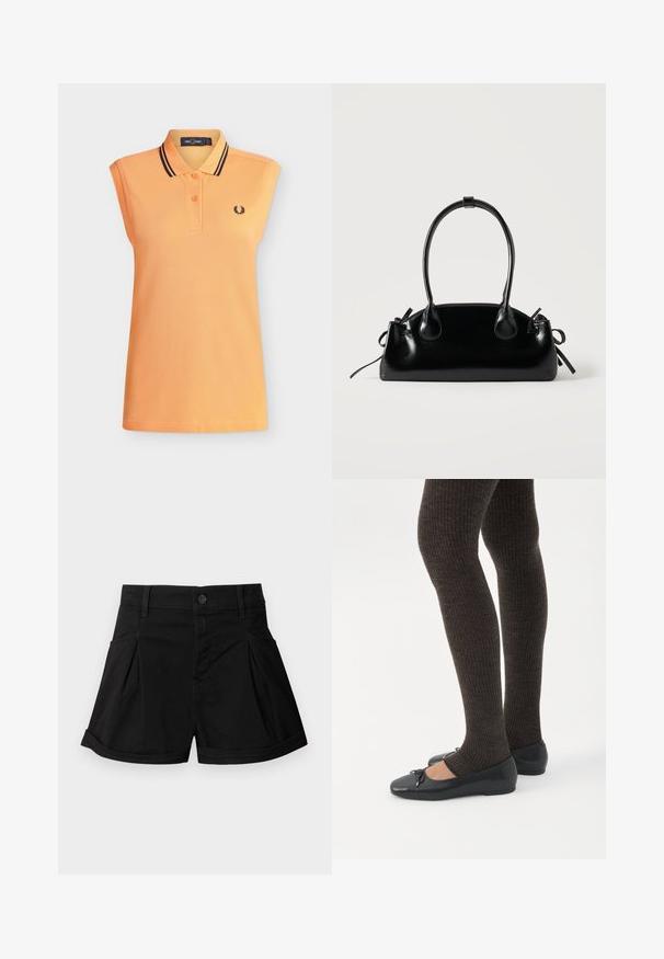 Polo orange sans manches avec deux boutons, doubles rayures noires sur le col, et petit logo couronne de laurier noire sur la poitrine.; Shorts noirs taille haute avec bouton sur le devant, passants de ceinture, poches latérales, plis et ourlets repliés, présentés sur un fond clair uni.; Jambes portant des leggings côtelés foncés associés à des ballerines noires avec de petits détails en nœud sur fond blanc.; Petit sac à main noir brillant avec deux longues anses et des détails à cordon sur les côtés sur un fond clair uni.