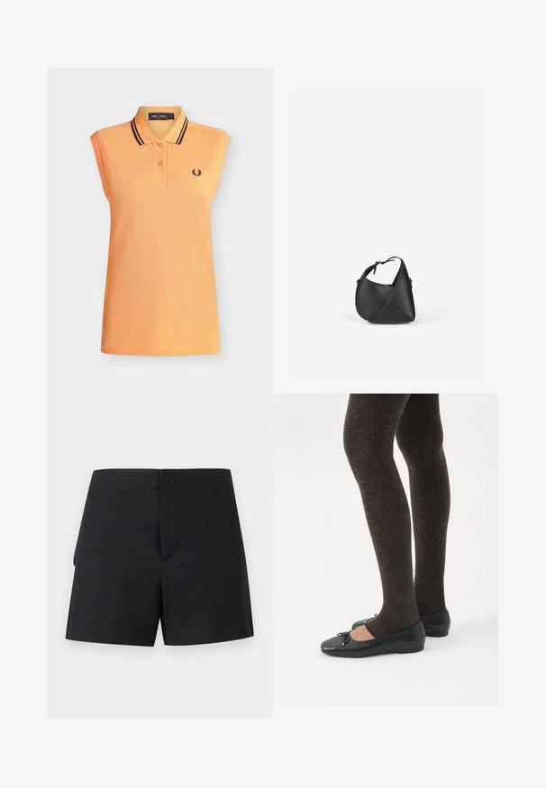 Polo orange sans manches avec deux boutons, doubles rayures noires sur le col, et petit logo couronne de laurier noire sur la poitrine.; Shorts noirs taille haute avec une large ceinture et des ouvertures de jambe droites, présentés sur un fond blanc.; Jambes portant des leggings côtelés foncés associés à des ballerines noires avec de petits détails en nœud sur fond blanc.; Sac à bandoulière en cuir noir avec une forme triangulaire arrondie et une sangle réglable sur un fond clair uni.