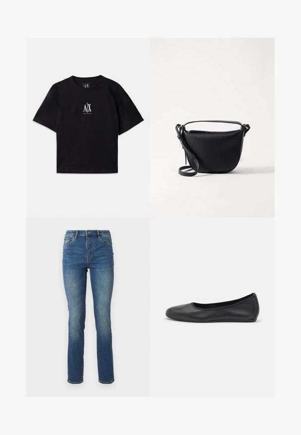 Schwarzes Baumwoll-T-Shirt mit kurzen Ärmeln und Rundhalsausschnitt. Mit einem weißen Logo, das zentral auf der Brust platziert ist. Einfaches, minimalistisches Design.; Mit einer geraden Beinstellung, sind diese mittelhohen blauen Jeans aus Denim gefertigt. Sie besitzen eine glatte Textur, dezente Ausbleichungen und ein klassisches Fünf-Taschen-Design mit Knopfverschluss.; Schwarze Leder-Ballettschuhe mit abgerundeter Spitze, glatter Textur, minimalen Nähdetails und einem flexiblen Sohlen-Design.; Schwarze Leder-Crossbody-Tasche mit strukturiertem Finish, runder Form, verstellbarem Trageriemen und Hardware-Akzenten in Goldton. Reißverschlussverschluss oben.