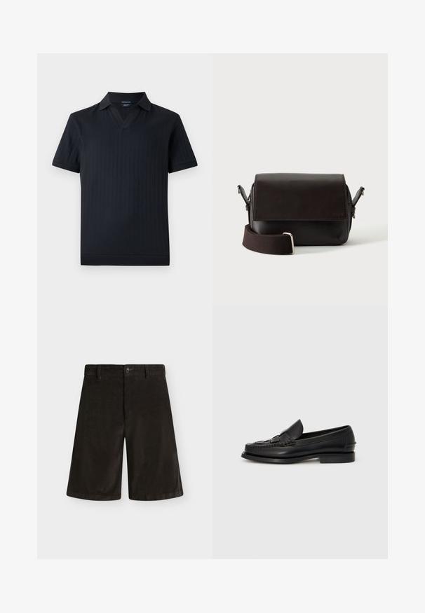 Polo tricoté noir à manches courtes avec rayures verticales texturées, ouverture en V et col plat sur un fond gris clair.; Short noir mi-long avec passants de ceinture, fermeture par bouton et devant uni, posé à plat sur fond blanc.; Mocassin en cuir noir avec un détail tissé à l'avant, bout arrondi et petit talon. Texture lisse et design minimaliste.; Sac bandoulière en cuir marron foncé avec fermeture à rabat et sangle en tissu réglable sur fond blanc.