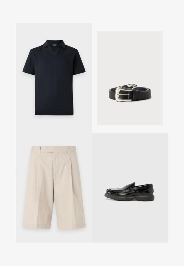 Polo tricoté noir à manches courtes avec rayures verticales texturées, ouverture en V et col plat sur un fond gris clair.; Shorts beige arrivant aux genoux avec passants pour ceinture, braguette zippée à l'avant et un pli sur chaque jambe.; Mocassin en cuir noir avec une finition brillante, bout arrondi, détails de couture subtils et semelle en caoutchouc épaisse pour la durabilité.; Ceinture en cuir noir avec une grande boucle argentée de style western, enroulée sur un fond neutre.