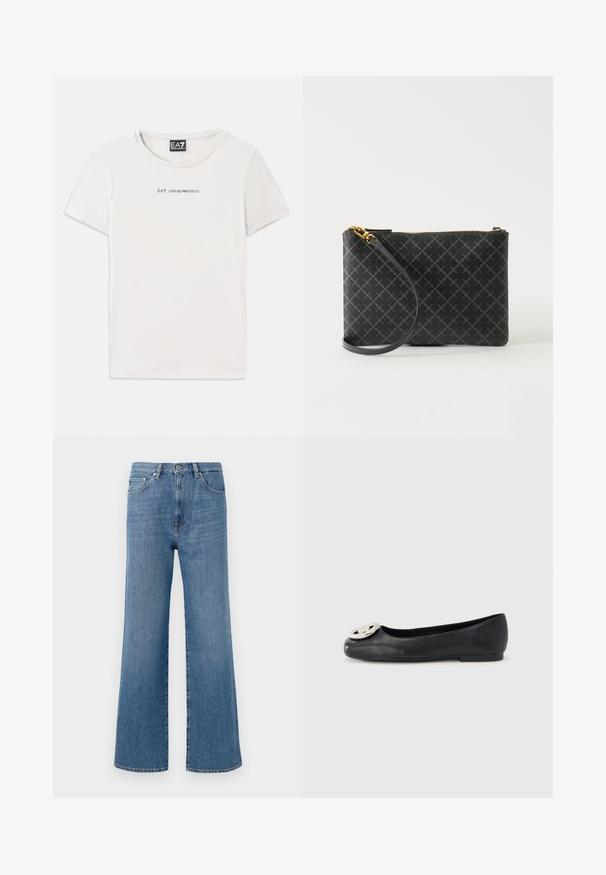 Biely bavlnený tričko s okrúhlym výstrihom a krátkymi rukávmi. Na prednej strane má text "EA7 EMPORIO ARMANI" v čiernej farbe.; Svetlomodré džíny s širokými nohavicami a vysokým pásom, so zapínaním na prednej strane, piatimi vreckami a čistým lemovaním.; Čierna kožená balerína s okrúhlou špičkou, s lesklým kovovým logom vpredu a plochou gumovou podrážkou.; Čierna spoločenská kabelka na zápästie so sivým diamantovým vzorom, zlatým zipsom a odnímateľným popruhom na jednoliatom svetlom pozadí.