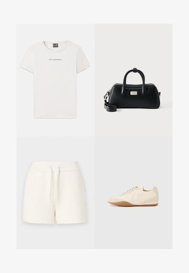 Hvid bomulds t-shirt med rund udskæring og korte ærmer. Har teksten "EA7 EMPORIO ARMANI" i sort på tværs af brystet.; Kremfarvede shorts lavet af blødt stof, med en elastisk talje med snøre og et lille logo på siden.; Lyse beige sneakers med en tekstureret læderoverdel, teksturerede sider og en gummisål. Har et slankt, strømlinet design og flade snørebånd.; Sort rektangulær læderhåndtaske med to håndtag, aftagelig skulderrem og lille sølvfarvet brandlogo-plakette foran.