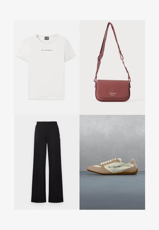 Hvid bomulds t-shirt med rund udskæring og korte ærmer. Har teksten "EA7 EMPORIO ARMANI" i sort på tværs af brystet.; Sorte viddebenbukser med en tætsiddende talje, lavet af et glat stof. Har diskrete sidelommer og minimale hardware-detaljer.; Beige og hvide Karl Lagerfeld sneaker med hvide snørebånd, der svæver over en træflisebelagt udendørs overflade med en sløret baggrund af grønne planter.; Lille tekstureret mauve læder crossbody taske med justerbar rem og klaplukning med prægget sølv brandlogo.
