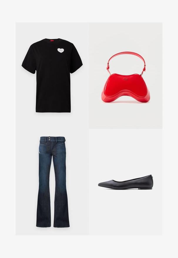 Schwarzes T-Shirt mit kurzen Ärmeln aus Baumwolle. Es hat auf der linken Brustseite ein herzförmiges, weißes Patch mit dem Schriftzug "Hugo" in einer Schreibschrift.; Dunkelblaue Denim-Jeans mit hoher Hüfte, doppeltem Knopfverschluss, vorderen aufgesetzten Taschen und weit ausgestellten Beinen.; Schwarzer flacher Lederschuh mit spitzer Kappe und niedrigem Absatz, seitlich vor weißem Hintergrund gezeigt.; Rote Lackledertasche mit geschwungener, ergonomischer Form, ausgestattet mit einem dünnen, verstellbaren Riemen und einem dezenten Logo-Akzent auf der Vorderseite.