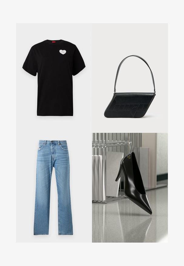 Schwarzes T-Shirt mit kurzen Ärmeln aus Baumwolle. Es hat auf der linken Brustseite ein herzförmiges, weißes Patch mit dem Schriftzug "Hugo" in einer Schreibschrift.; Hellblaue Denim-Jeans mit geradem Bein-Design, featuring eine normale Taille, fünf Taschen und subtilem Verblassen des Stoffes.; Schwarzer High-Heel-Schuh mit spitzer Zehe und goldem Logo, auf einer reflektierenden Oberfläche nahe einem verchromten Draht-Organizer mit Dokumenten positioniert.; Schwarze Leder-Umhängetasche mit dreieckiger Form, geprägt mit Logo und einem einzigen verstellbaren Riemen. Minimalistisches Design mit glatter Textur.