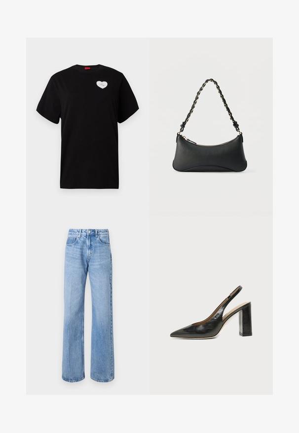 Sort kortærmet T-shirt lavet af bomuld. Har en hjerteformet hvid lap med "Hugo" i kursiv skrift på venstre brystområde.; Lyseblå, vid denimjeans med høj talje, fem lomme-design og diskret falmning. Sølvknap og lynlås lukning.; Sort læder peep-toe slingback sko med høj blokhæl og beige indvendig foring mod en ensfarvet lys baggrund.; Sort skuldertaske i læder med en buet rektangulær form, gyldent kæde vævet ind i en flettet sort rem og toplynlås.