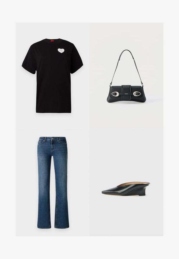 Schwarzes T-Shirt mit kurzen Ärmeln aus Baumwolle. Es hat auf der linken Brustseite ein herzförmiges, weißes Patch mit dem Schriftzug "Hugo" in einer Schreibschrift.; Dunkelblaue Denim-Jeans mit einem ausgestellten Bein-Design, das subtile Auswaschungen und abgenutzte Details in der Nähe der Oberschenkel- und Kniebereiche aufweist.; Schwarzer Keilschuh aus Lackleder mit spitzer Schuhspitze und offenem Fersenbereich, zeichnet sich durch ein elegantes, geschwungenes Design und minimalistischen Stil aus.; Schwarze Leder-Schultertasche mit zwei silbernen Schnallen und verstellbarem Riemen, mit "HUGO"-Logo in der Mitte der Vorderseite.