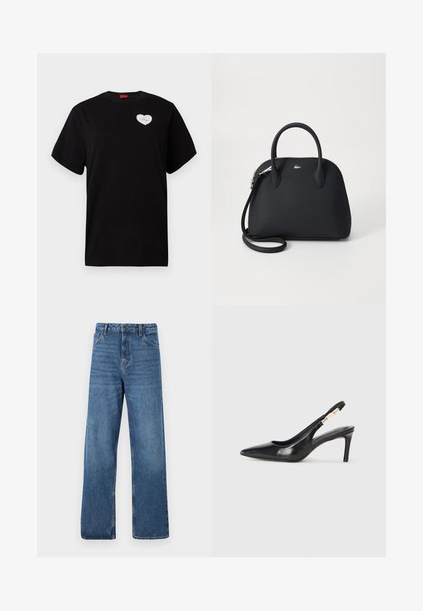Sort kortærmet T-shirt lavet af bomuld. Har en hjerteformet hvid lap med "Hugo" i kursiv skrift på venstre brystområde.; Blå højttaljede denimjeans med vide ben, der har en glat tekstur, minimale syningsdetaljer og en klassisk fem-lomme-stil.; Sort læder slingback højhælede sko med spidse tæer, glat overflade og en smal ankelrem med guldfarvede hardware detaljer.; Sort håndtaske lavet af tekstureret materiale, med to top håndtag og en aftagelig skulderrem, prydet med et sølv logo.