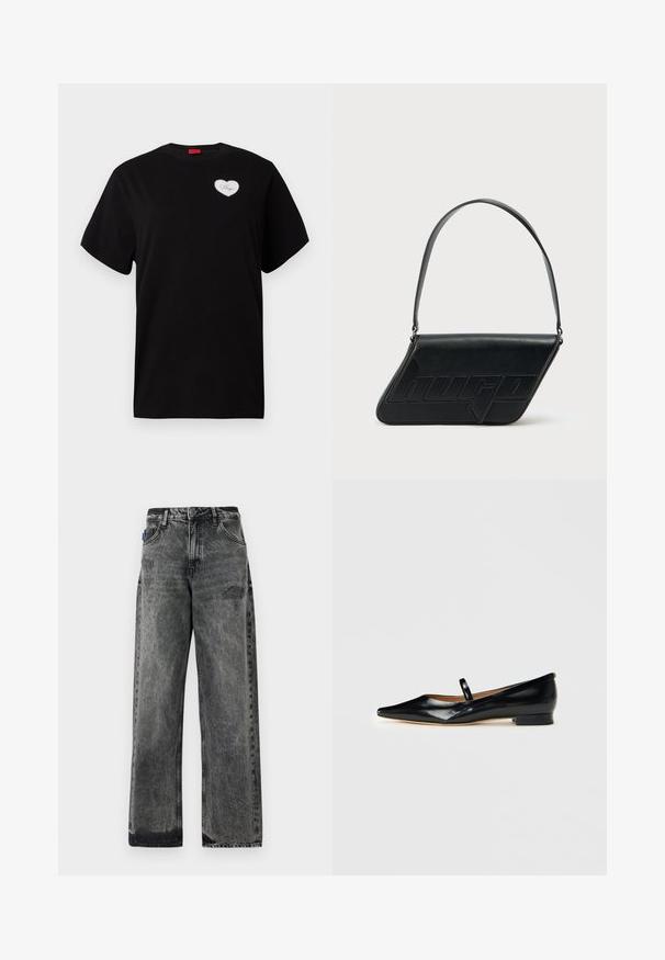 Sort kortærmet T-shirt lavet af bomuld. Har en hjerteformet hvid lap med "Hugo" i kursiv skrift på venstre brystområde.; Bredde ben sorte denimjeans med en falmet vask, slidte detaljer foran og standard fem-lomme design.; Sorte patenterede læder Mary Jane flade sko med spids tå, én rem og lav hæl på ensfarvet baggrund.; Sort skuldertaske i læder med trekantet form, præget logo og en enkelt justerbar rem. Minimalistisk design med glat tekstur.