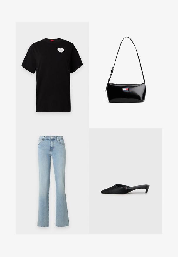 Sort kortærmet T-shirt lavet af bomuld. Har en hjerteformet hvid lap med "Hugo" i kursiv skrift på venstre brystområde.; Lyseblå jeans med høj talje, forrest knap og lynlås, to forlommer og lige, let udvidede ben mod en hvid baggrund.; Sorte suedeslippers med spids tå og lav hæl. Har en glat tekstur og åben ryg for nem påklædning. Simpelt design uden mønstre.; Sort patenteret læder skuldertaske med en buet rem, lynlåslukning og et rektangulært logo patch i rød, hvid og blå.