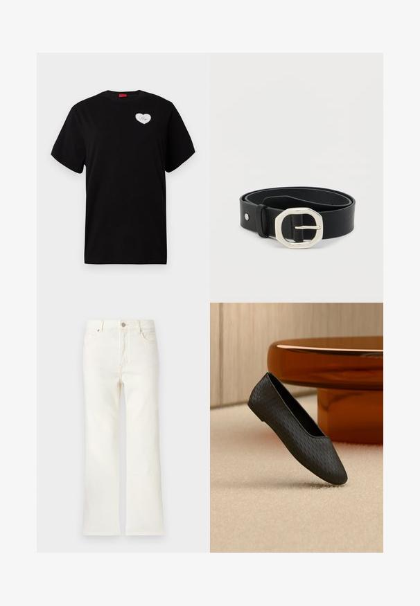 Schwarzes T-Shirt mit kurzen Ärmeln aus Baumwolle. Es hat auf der linken Brustseite ein herzförmiges, weißes Patch mit dem Schriftzug "Hugo" in einer Schreibschrift.; Hoch taillierte, gerade geschnittene Jeans in Cremefarben mit Vordertaschen, einem Knopfverschluss und Gürtelschlaufen auf einfarbigem Hintergrund.; Schwarzer, strukturierter Slip-on Ballerina, schwebend über beigem Teppich nahe einem runden Tischfuß in bernsteinfarbener Optik.; Schwarzer Ledergürtel zusammengerollt mit einer silbernen, achteckigen Schnalle und abgesteppten Rändern auf weißem Hintergrund.