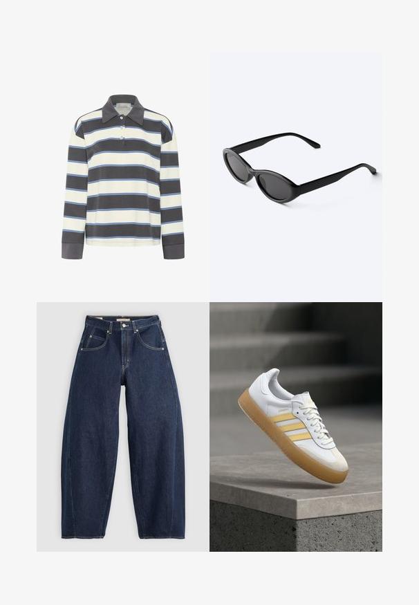 Polo de manga larga en rayas horizontales de color azul marino y blanco con acentos en azul claro. Presenta un cuello con solapa y una tapeta de tres botones.; Jeans de mezclilla azul oscuro con un ajuste holgado, costuras claras, cinco bolsillos y un cierre de botón en la cintura.; Zapatilla de cuero blanco con acentos amarillos, tres rayas y suela de goma color caramelo. Presenta una punta redondeada y una lengüeta texturizada.; Gafas de sol ovaladas negras y elegantes con lentes oscuras y patillas rectas, reposando sobre una superficie blanca.