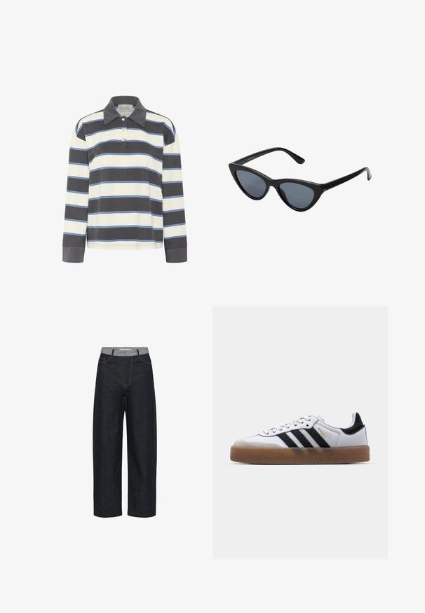Poloshirt met lange mouwen in marineblauw en witte horizontale strepen met lichtblauwe accenten. Beschikt over een kraag en een knoopsluiting met drie knopen.; Donkerblauwe denim spijkerbroek met brede pijpen, lichtgrijze tailleband en voorzakken, weergegeven tegen een witte achtergrond.; Witte leren sneakers met zwarte strepen, gumrubberen buitenzool, ronde neus, vetersluiting en een zachte grijze suède neuskap.; Zwarte cat-eye zonnebril met donkergrijze lenzen, slank plastic frame, puntige hoeken en rechte pootjes. Geen zichtbare hardware of accenten.