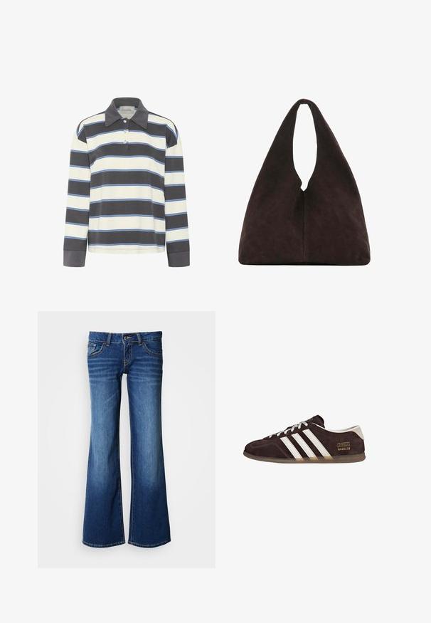 Polo de manga larga en rayas horizontales de color azul marino y blanco con acentos en azul claro. Presenta un cuello con solapa y una tapeta de tres botones.; Jeans de mezclilla acampanados en azul oscuro, con un diseño clásico de cinco bolsillos, cierre de botón y costuras contrastantes. Textura suave.; Zapatillas de ante marrón con tres rayas blancas, suela de goma y etiqueta con texto "Gazelle" en dorado. Diseño con cordones grises.; Bolso de hombro triangular de color marrón oscuro suave con una única asa ancha en la parte superior y una textura de superficie lisa.