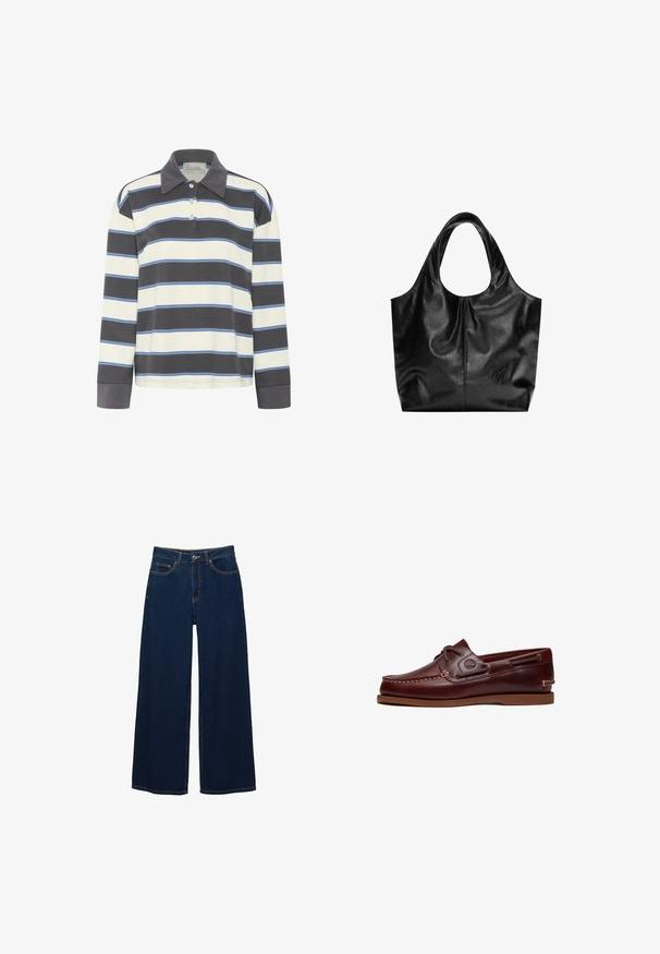Poloshirt met lange mouwen in marineblauw en witte horizontale strepen met lichtblauwe accenten. Beschikt over een kraag en een knoopsluiting met drie knopen.; Donkerblauwe jeans met brede pijpen van spijkerstof; voorzien van voorzakken en een knoopsluiting; opvallende stiksels langs de naden; geen patronen of versieringen.; Bruine leren boot schoen met veters, stiksel details en Timberland-logo aan de zijkant, weergegeven op een witte achtergrond.; Zwarte leren tote bag met een gladde textuur, een zachte ronde bovenkant en brede handvatten. Kenmerkt zich door minimale stiksels en een slungelige silhouet.