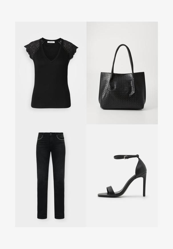 Μαύρη κοντομάνικη μπλούζα με σχέδιο V-neck. Λεπτομέρειες από δαντέλα στις μανίκες με λουλουδάτο μοτίβο. Ριχτή υφή σε όλη την επιφάνεια.; Μαύρα τζιν σε slim fit με μεταλλικά διακοσμητικά στις μπροστινές τσέπες και κλασικό σχέδιο με πέντε τσέπες.; Μαύρη ψηλοτάκουνη σανδάλι με κομψό σχέδιο, διαθέτει λουρί στον αστράγαλο, ανοιχτή μύτη και λείο δερμάτινο υλικό.; Μαύρη υφασμάτινη δερμάτινη τσάντα tote με δύο χερούλια, δομημένο σχήμα και λεπτή γυαλιστερή εμφάνιση σε απλό ανοιχτό φόντο.