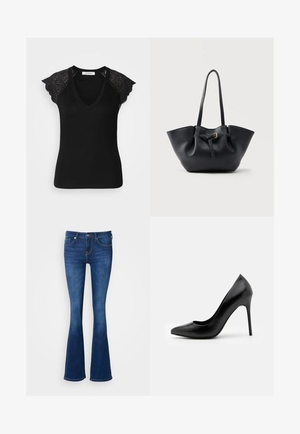Μαύρη κοντομάνικη μπλούζα με σχέδιο V-neck. Λεπτομέρειες από δαντέλα στις μανίκες με λουλουδάτο μοτίβο. Ριχτή υφή σε όλη την επιφάνεια.; Τζιν με φαρδιά καμπάνα σε σκούρο μπλε. Μέση μεσαίου ύψους με σχεδιασμό πέντε τσεπών και διακριτικές ραφές. Μαλακή υφή, εφαρμοστό στα μπούτια.; Μαύρο δερμάτινο ψηλοτάκουνο γόβι με αιχμηρή μύτη και ομαλή υφή. Διαθέτει λεπτή σφήνα και σχέδιο με χαμηλή αυλακιά.; Μαύρη δερμάτινη τσάντα tote με μακριές λαβές και ένα μπροστινό λουράκι με μικρή χρυσή πόρπη, σε απλό φόντο.