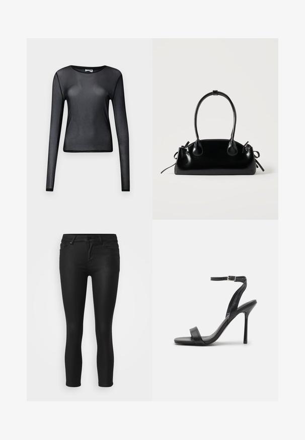 Zwarte lange mouwen doorzichtige mesh top met ronde hals en aansluitende pasvorm, weergegeven op een effen achtergrond.; Zwarte skinny jeans van stretchstof, met een middelhoge taille, vijf zakken en een knoopsluiting aan de voorkant.; Zwarte hoge hakken sandaal met een slanke enkelband en twee voorste banden. Gemaakt van soepel leer met een slanke puntneus en een stiletteloze hak.; Kleine zwarte glanzende handtas met twee lange hengsels en zijkant trekkoord details op een effen lichte achtergrond.