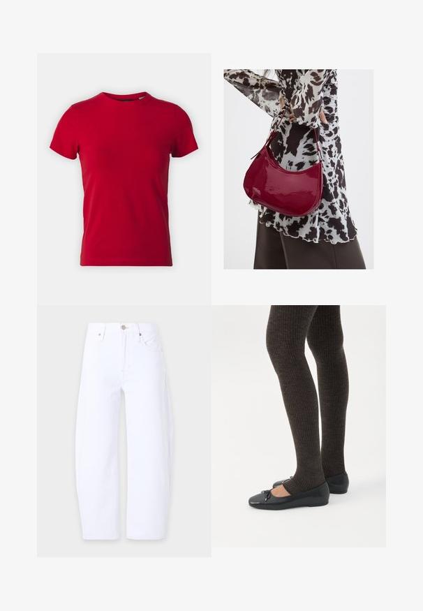 Camiseta de algodón roja con mangas cortas y cuello redondo. Textura suave, corte clásico, sin patrones visibles ni acentos de hardware.; Vaqueros blancos lisos de corte recto con bolsillos delanteros, trabillas para el cinturón y cierre de botón en la cintura sobre un fondo claro.; Piernas con leggings oscuros acanalados combinados con bailarinas negras que presentan pequeños detalles de lazo sobre un fondo blanco.; Mujer con blusa de estampado en blanco y negro sosteniendo un bolso de hombro rojo brillante sobre un fondo liso.