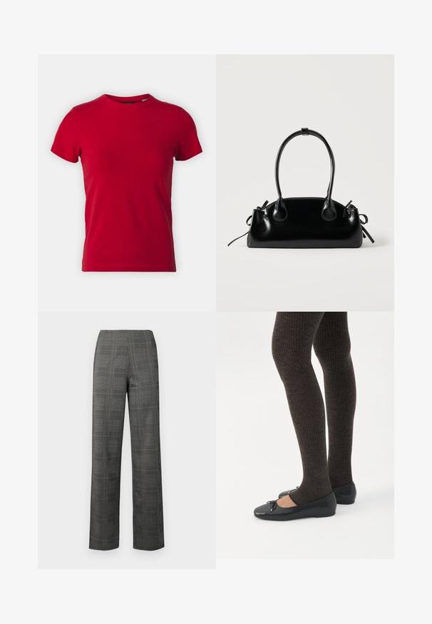 Camiseta de algodón roja con mangas cortas y cuello redondo. Textura suave, corte clásico, sin patrones visibles ni acentos de hardware.; Pantalones de cuadros ajustados con base gris, que presentan un diseño de cuadros en blanco y negro, cintura alta y corte recto. Textura suave.; Piernas con leggings oscuros acanalados combinados con bailarinas negras que presentan pequeños detalles de lazo sobre un fondo blanco.; Pequeño bolso negro brillante con dos asas largas y detalles de cordón lateral sobre un fondo claro liso.