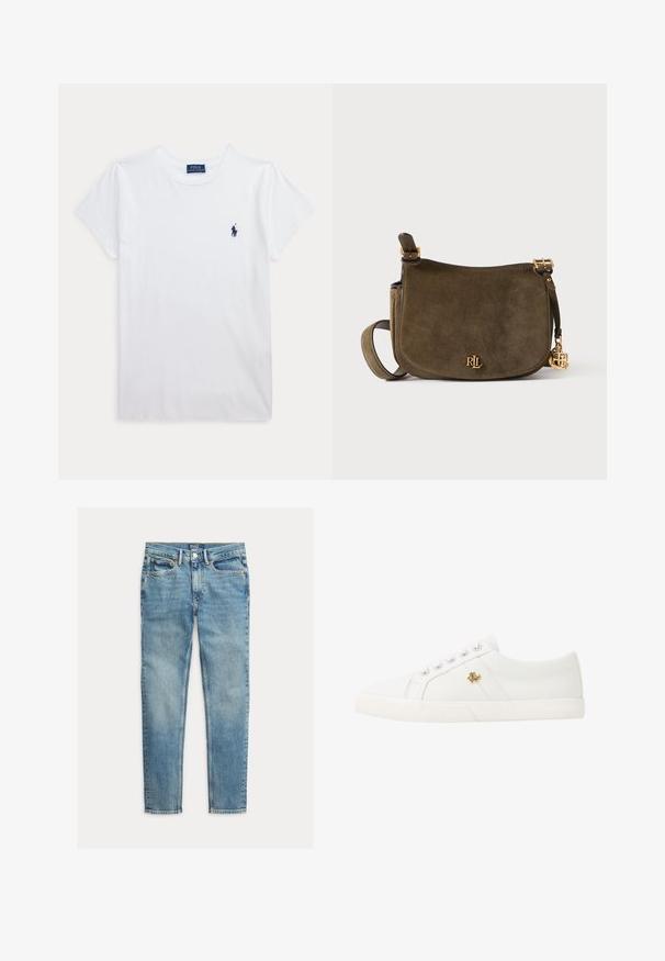 Weißes T-Shirt mit kurzen Ärmeln und Rundhalsausschnitt mit kleinem dunkelblauem Polo Ralph Lauren Logo auf der linken Brust.; Hellblaue Slim-Fit-Jeans mit fünf Taschen und Knopfverschluss, flach auf weißem Hintergrund liegend.; Lauren Ralph Lauren JANSON II CANVAS SNEAKER - Sneaker low - optic white; Olivgrüne Wildleder-Schultertasche mit goldfarbenem "RL"-Logo und Anhänger, verstellbarem Riemen und Klappverschluss auf neutralem Hintergrund.