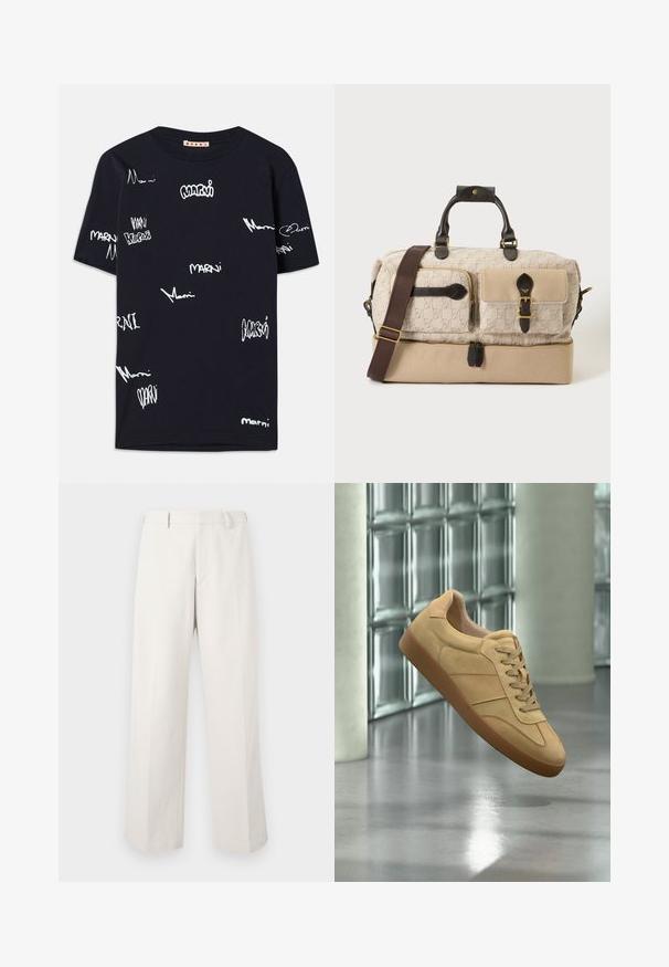 Schwarzes Baumwoll-T-Shirt mit weißen, handgeschriebenen "Marni"-Logos in unterschiedlichen Größen, die über den Stoff verteilt sind, Rundhalsausschnitt und kurzen Ärmeln.; Hose mit weitem Bein aus leichtem Stoff in einem hellbeigen Farbton. Sie hat eine flache Vorderseite und keine sichtbaren Muster oder Verzierungen.; Beiger Veloursleder-Sneaker mit Gummisohle, Schnürdesign, schwebt drinnen auf poliertem Betonboden nahe einer Glassteinwand.; Beige Duffelbag mit zwei Fronttaschen, braunen Henkeln, verstellbarem Schulterriemen, goldenen Schnallen und einem unteren Reißverschlussfach.