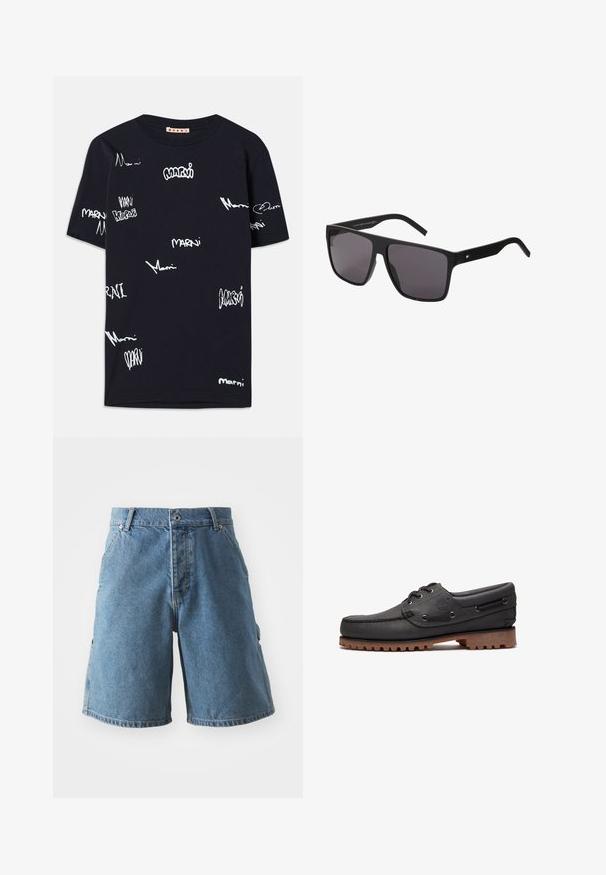 Camiseta de algodón negra con logotipos "Marni" escritos a mano en blanco de varios tamaños repartidos por toda la tela, cuello redondo y mangas cortas.; Pantalones cortos de mezclilla en azul claro. Presentan un diseño clásico de cinco bolsillos, cierre de botón y corte recto. La tela parece suave con un ligero desgaste.; Zapato náutico de cuero negro con detalles de cordones, puntera redonda, suela de goma marrón texturizada y lados de cuero cosidos.; Gafas de sol rectangulares negras con lentes oscuros. Las varillas texturizadas en negro presentan un pequeño detalle de logo. Diseño moderno con acabado mate.