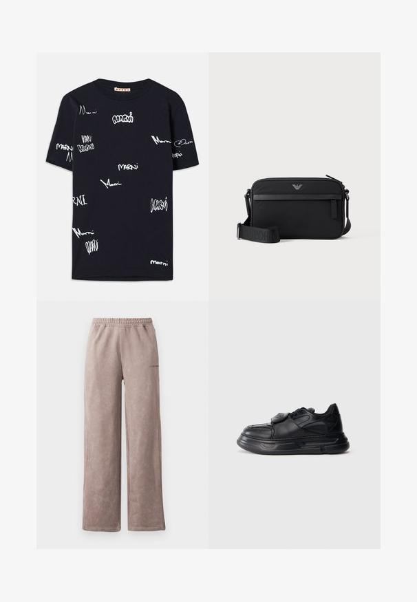 Camiseta de algodón negra con logotipos "Marni" escritos a mano en blanco de varios tamaños repartidos por toda la tela, cuello redondo y mangas cortas.; Pantalones de chándal de color marrón claro con un acabado suave y texturizado, diseño de pierna ancha, cinturilla elástica y un sutil detalle de logo en el lateral.; Zapatilla negra baja con suela gruesa, cierre de cordones y correa, paneles cosidos y cuello acolchado sobre un fondo blanco liso.; Bolso bandolera rectangular negro con bolsillo frontal con cremallera, correa ajustable y pequeño logo metálico en el centro superior.