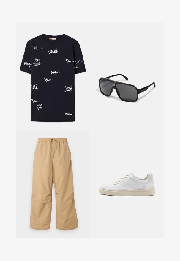 Camiseta de algodón negra con logotipos "Marni" escritos a mano en blanco de varios tamaños repartidos por toda la tela, cuello redondo y mangas cortas.; Pantalones de pierna ancha beige, hechos de tela ligera, con una cintura elástica y cordón, y detalles cosidos cerca del dobladillo.; Zapatilla blanca con parte superior de cuero suave, cordones beige y un tirador de talón de ante beige texturizado. Suela elevada para mayor altura.; Gafas de sol negras de gran tamaño con un acabado mate, lentes rectangulares, detalle en el puente metálico y gruesas varillas con marca.