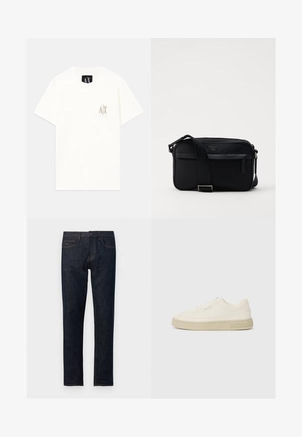 Weißes T-Shirt aus Baumwolle mit kurzen Ärmeln, das auf der Brust ein kleines, in Beige gesticktes Logo zeigt. Rundhalsausschnitt mit lockerer Passform.; Dunkelblaue Jeans aus Denim mit geradem Bein, ausgestattet mit einem Knopfverschluss, fünf Taschen und orangen Nähten.; Weiße Leinen-Sneaker mit einer strukturierten Gummisohle, die eine gestickte Zehenkappe und ein Logo-Detail an der Ferse aufweisen. Einfaches Schnürdesign.; Schwarze Nylon-Schultertasche mit einem kontrastierenden Riemen, schlanker rechteckiger Form, Logo-Detail und einer Reißverschlusstasche auf der Vorderseite.