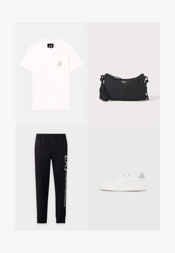 Weißes T-Shirt aus Baumwolle mit kurzen Ärmeln, das auf der Brust ein kleines, in Beige gesticktes Logo zeigt. Rundhalsausschnitt mit lockerer Passform.; Schwarze Sweatpants aus Baumwollmischung mit elastischem Taillenbund, schmal zulaufenden Beinen, gerippten Bündchen und weißem Logo-Druck entlang der Seite.; Weißer Sneaker mit niedrigem Schaft, grauem Fersenlaschen, weißen Schnürsenkeln und einer strukturierten Sohle, dargestellt vor einem schlichten hellen Hintergrund.; Schwarze rechteckige Crossbody-Tasche mit silbernem Markenlogo-Emblem und verstellbarem Riemen auf hellem Hintergrund.