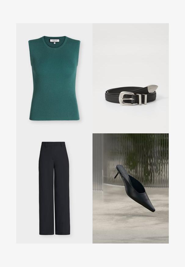 Haut sans manches en maille côtelée couleur bleu sarcelle foncé avec un col rond et une silhouette ajustée.; Pantalon noir taille haute à jambes larges, avec passants pour ceinture et fermeture dissimulée à l'avant.; Mule noire à bout pointu avec un talon fin et haut flottant au-dessus d'un sol en béton lisse, avec un arrière-plan flou à rayures verticales.; Ceinture en cuir noir avec une boucle en métal argenté et des accents à double boucle, présentant une finition texturée et une extrémité effilée pour un ajustement sécuritaire.