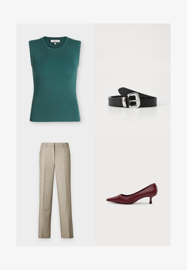 Haut sans manches en maille côtelée couleur bleu sarcelle foncé avec un col rond et une silhouette ajustée.; Pantalon beige à fines rayures avec une coupe droite, doté d'une ceinture structurée et d'une texture subtile sur l'ensemble du tissu.; Escarpin femme en cuir verni rouge foncé brillant, bout pointu avec un petit talon kitten, sur fond blanc uni.; Ceinture en cuir noir avec une boucle en métal argenté, présentant une texture lisse et un design épuré et minimal.