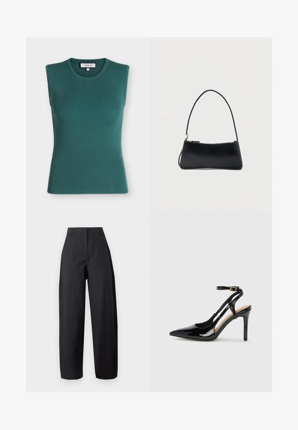 Haut sans manches en maille côtelée couleur bleu sarcelle foncé avec un col rond et une silhouette ajustée.; Pantalon noir taille haute à jambes larges avec poches avant et passants de ceinture, présenté sur un fond clair uni.; Escarpin en cuir verni noir à talon haut, avec un bout pointu, une bride réglable à la cheville et des côtés ouverts. Texture lisse.; Sac à main rectangulaire noir avec une fine bandoulière et fermeture éclair, présenté sur un fond blanc uni.
