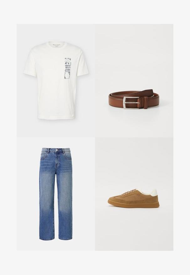 Λευκό T-shirt με κοντό μανίκι και στρογγυλή λαιμόκοψη, με μαύρο αφηρημένο ορθογώνιο σχέδιο στην αριστερή πλευρά του στήθους.; Φωτεινά μπλε τζιν παντελόνια με φαρδιά πόδια και μοτίβο ελαφριάς φθοράς, πέντε τσέπες και κλείσιμο με φερμουάρ. Διαθέτουν κουμπί και θηλάκια ζώνης στη μέση.; Αθλητικά παπούτσια με καφέ διχτυωτό και σουέτ πάνω μέρος, λευκή λεπτομέρεια στην φτέρνα, επίπεδη καουτσούκ σόλα και καφέ κορδόνια. Με επένδυση στον λαιμό για άνεση.; Καφέ δερμάτινη ζώνη με λεία επιφάνεια, διαθέτει ασημένια μεταλλική αγκράφα και διακριτική ραφή κατά μήκος των ακρών. Κλασικός και ανθεκτικός σχεδιασμός.