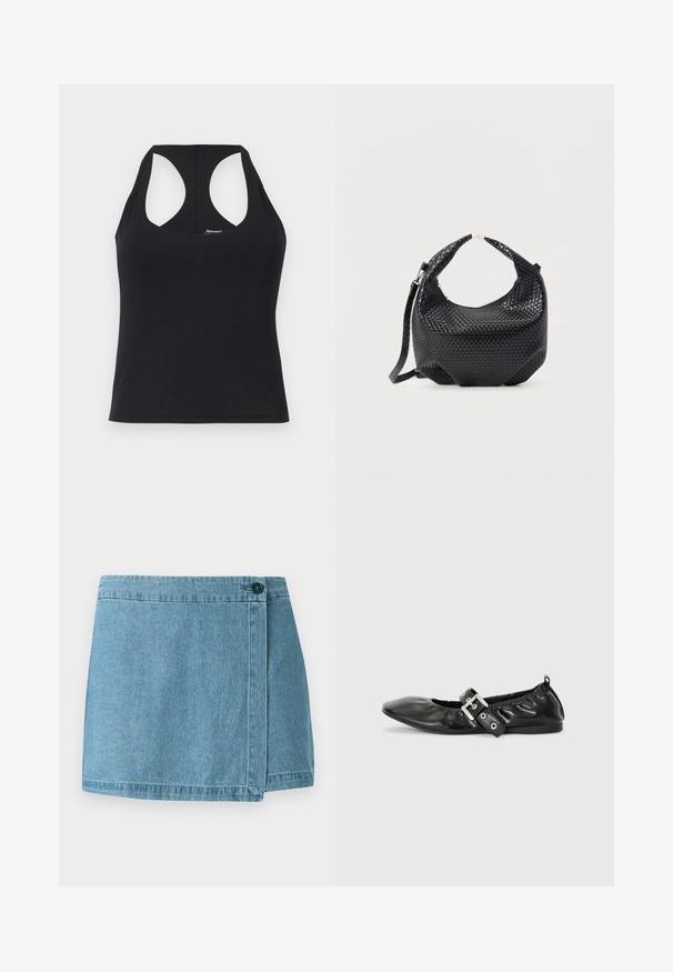 Débardeur noir en tissu lisse et extensible avec encolure dégagée et dos nageur. Il présente une ourlet droit et un branding minimal.; Jupe en denim bleu clair, avec un design enveloppant et une fermeture à un seul bouton, ainsi qu'un ourlet cousu. Texture lisse sans motifs.; Chaussure plate en cuir noir avec un nez pointu, des détails froncés autour de l'ouverture et un accent en boucle argentée sur la bride ajustable.; Sac à main en cuir tressé noir avec poignée courte et bandoulière amovible, présenté sur un fond clair uni.