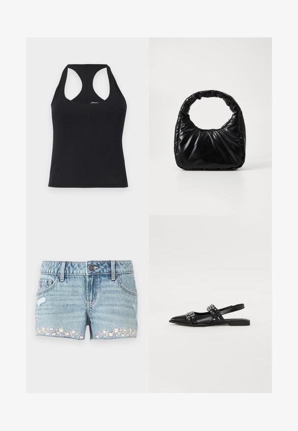 Débardeur noir en tissu lisse et extensible avec encolure dégagée et dos nageur. Il présente une ourlet droit et un branding minimal.; Shorts en denim bleu clair avec un ourlet effiloché. Comprend une broderie florale rose près de l'ourlet, un design à cinq poches et une fermeture à bouton.; Even&Odd Ballerines à brides arrière - black; Sac à main noir rembourré avec une poignée arrondie, présentant une surface lisse et brillante ainsi qu'une texture douce et matelassée. Pas de quincaillerie ou d'accents visibles.