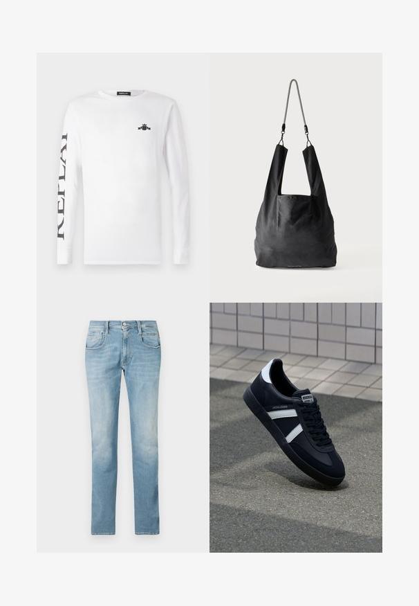 Camiseta blanca de manga larga hecha de algodón, con un logo negro en el pecho y "REPLAY" impreso verticalmente en la manga izquierda.; Jeans de denim azul claro con un diseño de pierna recta, estilo de cinco bolsillos y un acabado desgastado. Cuenta con un cierre frontal de botón y cremallera.; Zapatilla de cuero negra con rayas blancas, suela de goma texturizada y parte frontal con cordones. Cuenta con una etiqueta de marca en la lengüeta.; Bolsa de mano de tela negra suave con asas anchas y una delgada correa de hombro trenzada en negro y blanco.