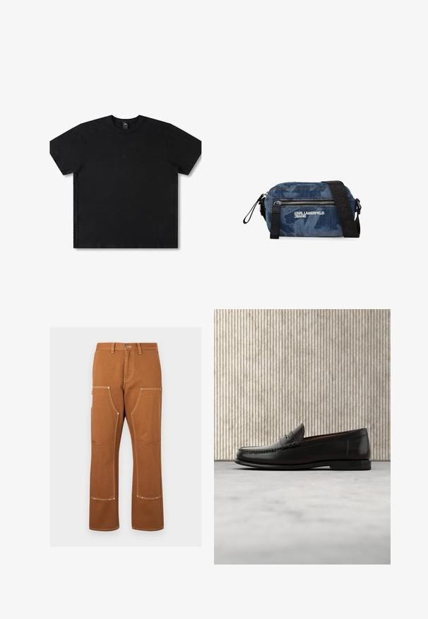 Schwarzes Kurzarm-T-Shirt aus Baumwolle mit Rundhalsausschnitt, ausgestattet mit einem dezenten Logo in der Mitte und einem entspannten Schnitt.; Braune Arbeitshosen mit verstärkten Knien, mehreren Taschen, Gürtelschlaufen und sichtbaren weißen Nähten auf einfachem Hintergrund.; Schwarzer Pennyloafer aus Leder mit niedrigem Absatz, abgerundeter Spitze und genähten Details vorne und an den Seiten, gezeigt vor neutralem Hintergrund.; Denim-Umhängetasche von Karl Lagerfeld mit vorderer Reißverschlusstasche und verstellbarem schwarzem Riemen mit geprägtem Branding.