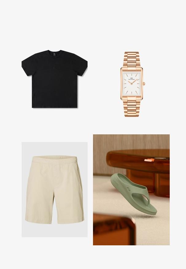 Sort kortærmet t-shirt lavet af bomuld med rund hals, med et diskret logo i midten og en afslappet pasform.; Beige knælange shorts med elastisk taljebånd og sidelommer, lavet af letvægtsstof, egnet til afslappet brug.; Lysegrøn gummiflip-flop med en tekstureret sål, der har et udskåret design og præget logo på siden, svævende over en blød overflade.; Rektangulær ur i rosaguld med hvid urskive, minimalistiske timeindikatorer og et sammenkædning af metalarmbånd. Har en krona på højre side.