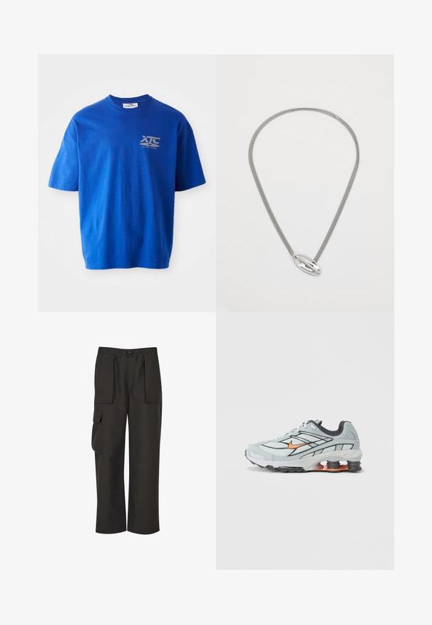 Camiseta de algodón azul con mangas cortas, con un logo gris en la parte superior izquierda del pecho, escote redondo y un corte relajado.; Urban Classics TECHNICAL - Pantalones cargo - black; Zapatilla de correr gris claro con detalles en negro, logo naranja, parte superior de malla, collar acolchado y suela de goma con unidades visibles de absorción de impactos.; Collar de plata con una cadena texturizada y un colgante ovalado liso que presenta un detalle cortado en el centro.