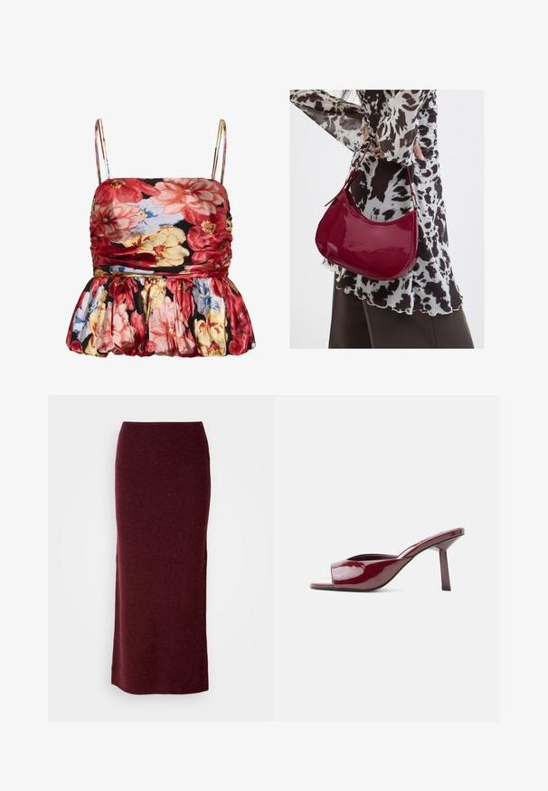 Haut sans manches à fleurs rouges, roses, jaunes et bleues sur fond noir, avec des détails froncés et des bretelles fines.; Jupe maxi en laine bordeaux avec une silhouette ajustée, une texture lisse et un ourlet droit. Sans fermetures ou embellissements visibles.; Mule ouverte à bout rond brillante bordeaux avec un talon fin de hauteur moyenne et une semelle incurvée sur un fond blanc uni.; Femme portant un chemisier à motif noir et blanc tenant un sac à main rouge brillant sur un fond uni.