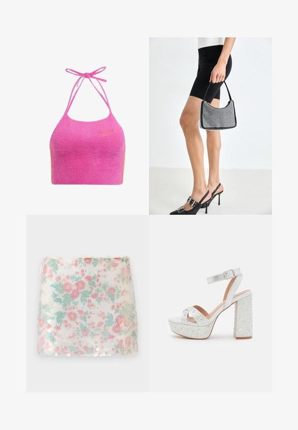 Roze cropped haltertop in een zachte, geribbelde textuur met spaghettibandjes en een oranje accent. De merklogo is geborduurd op de voorkant.; Witte stof met bloemmotief, voorzien van pastelroze en groene bloemen, met een gestructureerd oppervlak en subtiele pailletten langs de onderrand.; Witte plateausandalen met een metallic afwerking, voorzien van twee gekruiste banden, een enkelband en een blokhak versierd met fonkelende edelstenen.; Zwarte beaded handtas met een gebogen silhouet, draaghandvat en glanzende textuur. Draagt bij hoge zwarte hakken en strakke zwarte shorts.