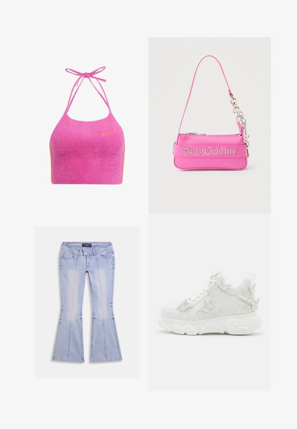 Roze cropped haltertop in een zachte, geribbelde textuur met spaghettibandjes en een oranje accent. De merklogo is geborduurd op de voorkant.; Lichtblauwe uitlopende jeans met voor- en achterzakken, dubbele knoopsluiting en zichtbare naadstiksels over het hele kledingstuk.; Witte chunky sneaker met dikke zool en decoratieve 3D vlinderaccenten aan de zijkant, veters en hiel.; Kleine felroze Juicy Couture-handtas met zilveren kettingdetail en logotekst aan de voorkant, enkele smalle schouderband.