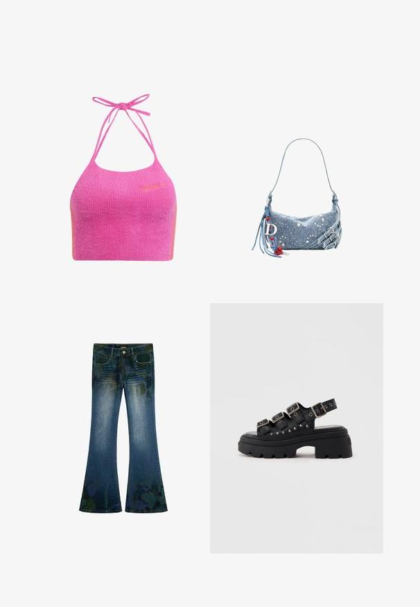 Rosa, kurz geschnittenes Halterneck-Top aus weichem, geripptem Material mit Spaghettiträgern und einem orangen Akzent. Mit gesticktem Markenlogo auf der Vorderseite.; Blaue Schlagjeans aus Denim mit leichtem Used-Effekt und dezenten grünen und blauen Blumenmustern an den oberen Oberschenkeln und unteren Beinen.; Schwarze klobige Plateau-Sandale mit drei verstellbaren Schnallenriemen und silbernen Nieten auf einer dicken Profilsohle.; Kleine Jeans-Schultertasche mit silbernen Nieten, dekorativen Schnallen sowie roten Perlen- und Herzanhängern an geflochtenen Seitenriemen.