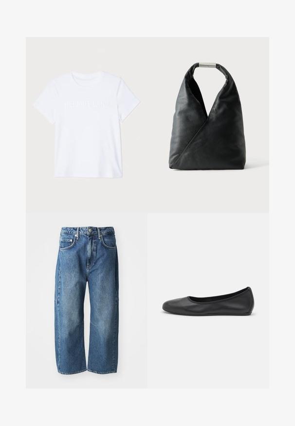 T-shirt en coton blanc à manches courtes, avec le logo en relief subtil "HELMUT LANG" sur la poitrine. Encolure ronde, texture lisse.; Jeans en denim bleu avec une coupe décontractée à jambes larges, dotés de poches avant, d'une fermeture à bouton et à glissière, et d'un léger délavage au niveau des genoux.; Ballerines en cuir noir avec un bout rond, texture lisse, détails de couture minimalistes et design de semelle flexible.; Sac à main en cuir noir avec une forme triangulaire douce et une poignée à fermoir métallique argenté sur fond blanc uni.